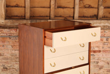 Load image into Gallery viewer, Mid Century G-plan Librenza tola and black chest of drawers with original Chinese White drawer fronts, circa 1960s.
