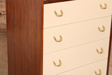 Load image into Gallery viewer, Mid Century G-plan Librenza tola and black chest of drawers with original Chinese White drawer fronts, circa 1960s.
