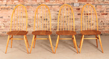 Load image into Gallery viewer, Set of 4 Mid Century blue label Ercol Quaker elm dining chairs, circa 1960s.
