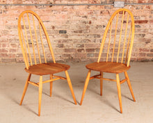 Load image into Gallery viewer, Set of 4 Mid Century blue label Ercol Quaker elm dining chairs, circa 1960s.

