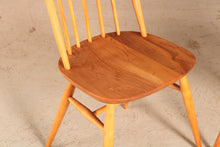 Load image into Gallery viewer, Set of 4 Mid Century blue label Ercol Quaker elm dining chairs, circa 1960s.
