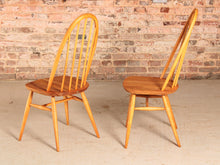 Load image into Gallery viewer, Set of 4 Mid Century blue label Ercol Quaker elm dining chairs, circa 1960s.
