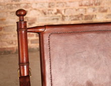 Load image into Gallery viewer, Contemporary campaign style teak, leather and brass folding chairs by Eichholtz
