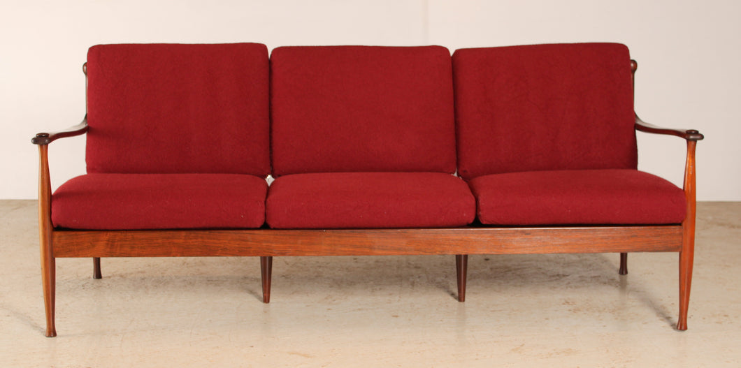 Danish Mid Century rosewood 3-seater sofa with red wool upholstery, circa 1960s