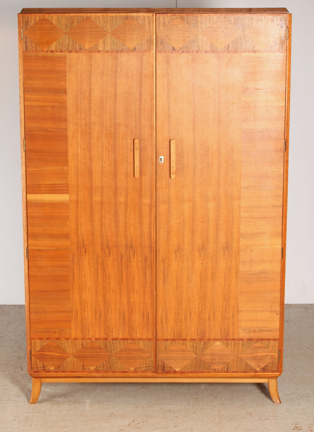 Mid Century Art Deco style walnut double wardrobe table by Heirloom Furniture, circa 1950s