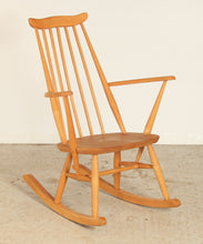 Load image into Gallery viewer, Mid Century Ercol elm and beech rocking chair with blue label, circa 1960s.
