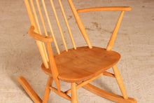 Load image into Gallery viewer, Mid Century Ercol elm and beech rocking chair with blue label, circa 1960s.
