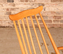 Load image into Gallery viewer, Mid Century Ercol elm and beech rocking chair with blue label, circa 1960s.
