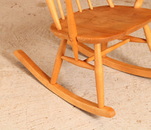 Load image into Gallery viewer, Mid Century Ercol elm and beech rocking chair with blue label, circa 1960s.
