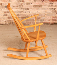 Load image into Gallery viewer, Mid Century Ercol elm and beech rocking chair with blue label, circa 1960s.
