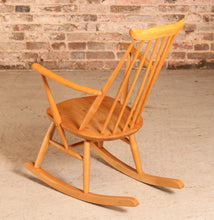 Load image into Gallery viewer, Mid Century Ercol elm and beech rocking chair with blue label, circa 1960s.
