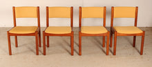 Load image into Gallery viewer, Set of 4 Danish Mid Century teak dining chairs with yellow fabric upholstery, circa 1970s
