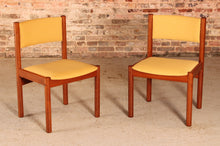 Load image into Gallery viewer, Set of 4 Danish Mid Century teak dining chairs with yellow fabric upholstery, circa 1970s
