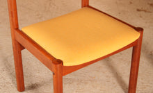 Load image into Gallery viewer, Set of 4 Danish Mid Century teak dining chairs with yellow fabric upholstery, circa 1970s
