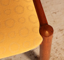 Load image into Gallery viewer, Set of 4 Danish Mid Century teak dining chairs with yellow fabric upholstery, circa 1970s
