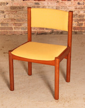 Load image into Gallery viewer, Set of 4 Danish Mid Century teak dining chairs with yellow fabric upholstery, circa 1970s

