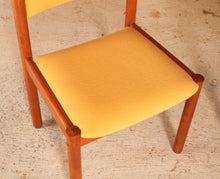 Load image into Gallery viewer, Set of 4 Danish Mid Century teak dining chairs with yellow fabric upholstery, circa 1970s
