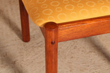 Load image into Gallery viewer, Set of 4 Danish Mid Century teak dining chairs with yellow fabric upholstery, circa 1970s
