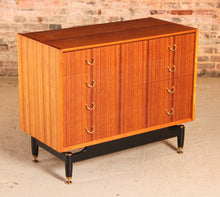 Load image into Gallery viewer, Mid Century G-plan Librenza tola and black chest of drawers with brass handles, circa 1960s
