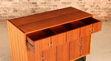 Load image into Gallery viewer, Mid Century G-plan Librenza tola and black chest of drawers with brass handles, circa 1960s
