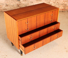 Load image into Gallery viewer, Mid Century G-plan Librenza tola and black chest of drawers with brass handles, circa 1960s
