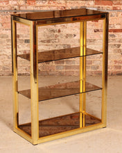Load image into Gallery viewer, Italian Hollywood Regency brass and smoked glass Etagere / Shelving unit by Renato Zevi for Romeo Rega, circa 1970s
