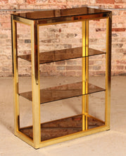 Load image into Gallery viewer, Italian Hollywood Regency brass and smoked glass Etagere / Shelving unit by Renato Zevi for Romeo Rega, circa 1970s
