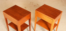 Load image into Gallery viewer, A pair of mid century oak bedside tables with drawers, circa 1960s

