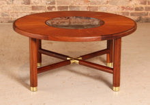 Load image into Gallery viewer, Midcentury G-Plan round coffee table with smoked glass top &amp; brass Feet c.1960s
