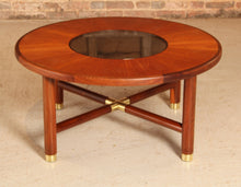 Load image into Gallery viewer, Midcentury G-Plan round coffee table with smoked glass top &amp; brass Feet c.1960s
