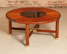 Load image into Gallery viewer, Midcentury G-Plan round coffee table with smoked glass top &amp; brass Feet c.1960s
