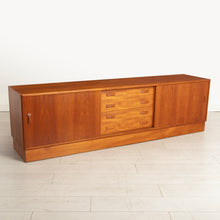 Load image into Gallery viewer, Danish Mid Century teak low sideboard with sliding doors by Clausen &amp; Son, circa 1970s
