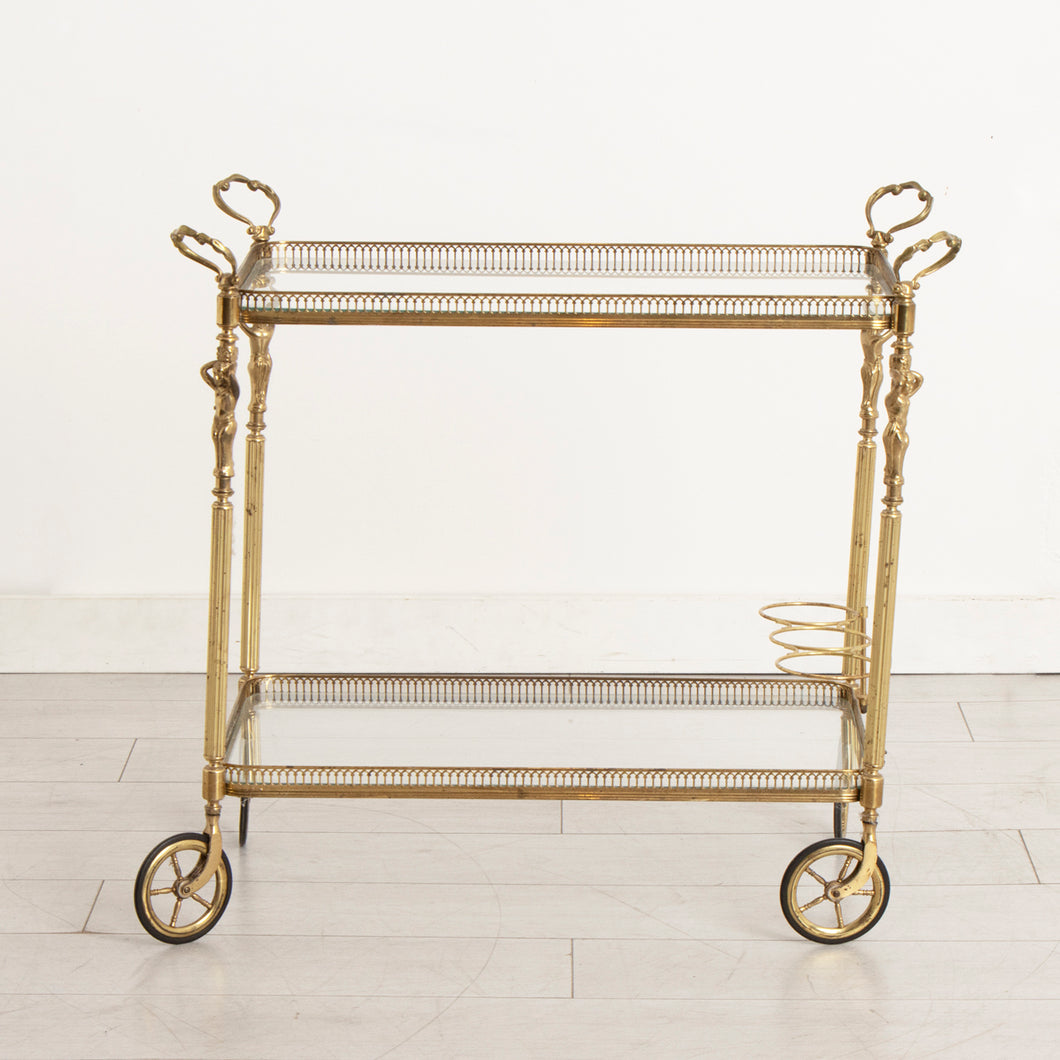 French Midcentury Brass & Glass Cocktail Serving Trolley c.1970s