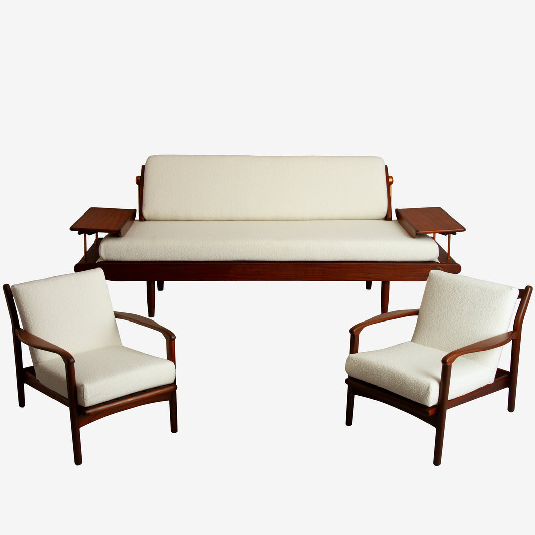 Midcentury Living Room Suite in Afromosia & White Boucle by Toothill c.1965