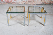 Load image into Gallery viewer, A pair of Mid Century Renato Zevi chrome and brass side tables with glass tops, circa 1970s, Italy
