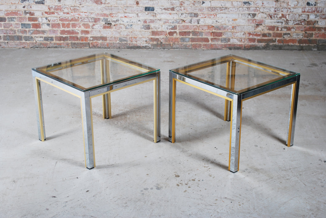 A pair of Mid Century Renato Zevi chrome and brass side tables with glass tops, circa 1970s, Italy