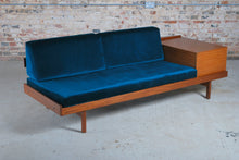 Load image into Gallery viewer, Mid Century teak daybed with teal colour velvet cushions, circa 1960s.
