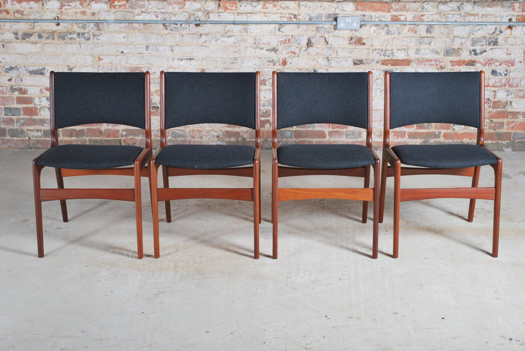 Set of 4 Danish Mid Century teak dining chairs by Erik Buch, circa 1960s.