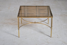 Load image into Gallery viewer, Mid Century Hollywood Regency Maison Jansen style brass and glass square coffee table, France, circa 1970s.
