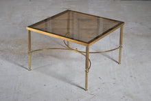 Load image into Gallery viewer, Mid Century Hollywood Regency Maison Jansen style brass and glass square coffee table, France, circa 1970s.
