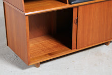 Load image into Gallery viewer, Mid Century teak telephone seat with black vinyl upholstery by Chippy, circa 1960s.
