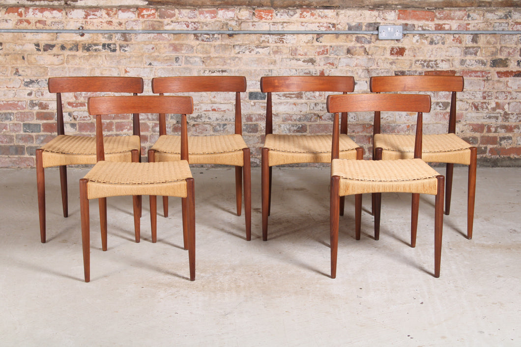 Set of 6 Danish Dining Chairs with papercord seats by Arne Hovmand-Olsen for Mogens Kold, 1960s.