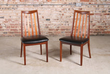 Load image into Gallery viewer, Set of 6 Mid Century G-plan Fresco afromosia dining chairs reupholstered with premium black vinyl.
