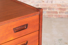 Load image into Gallery viewer, Mid Century teak chest of 3 drawers with carved solid teak handles, circa 1960s
