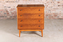 Load image into Gallery viewer, Mid Century walnut chest of 4 drawers with brass handles by Alfred Cox, circa 1950s.
