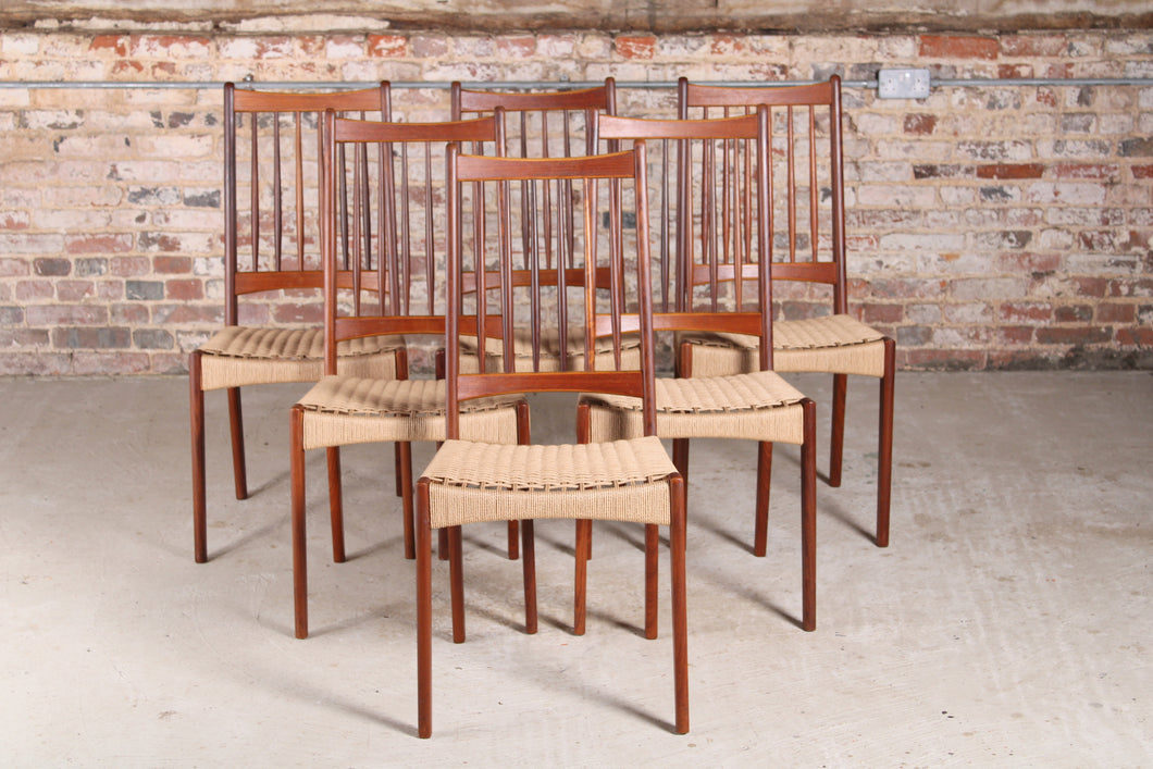Set of 6 Danish Dining Chairs with newly weaved papercord seats by Arne Hovmand-Olsen for Mogens Kold, 1960s.