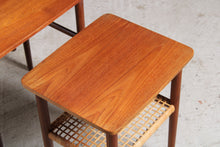 Load image into Gallery viewer, Danish Mid Century teak nest of tables with rattan magazine shelf. Very good restored condition.
