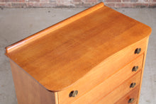 Load image into Gallery viewer, Mid Century teak chest of 5 drawers with a curved top and splayed legs, circa 1960s.
