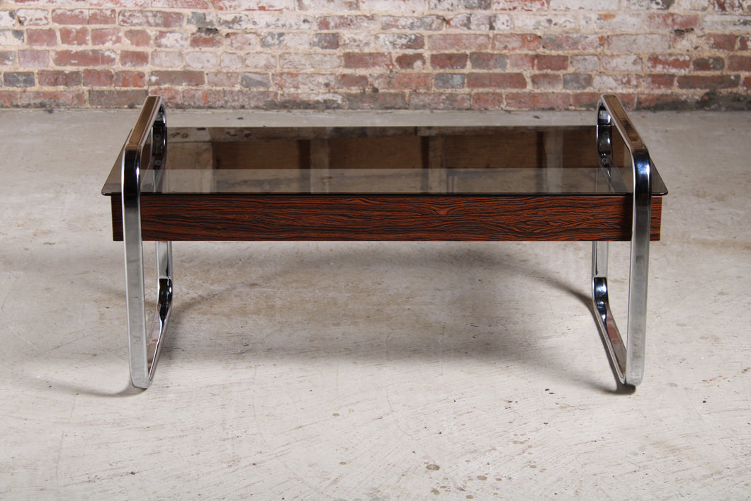 Mid Century chrome, zebrawood and smoked glass coffee table in the manner of Peter Protzman for Herman Miller, circa 1970s.