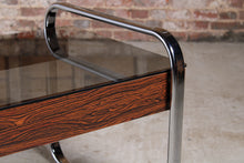 Load image into Gallery viewer, Mid Century chrome, zebrawood and smoked glass coffee table in the manner of Peter Protzman for Herman Miller, circa 1970s.
